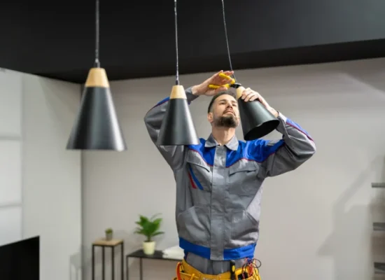 električar sisak postavlja rasvjetu u stanu